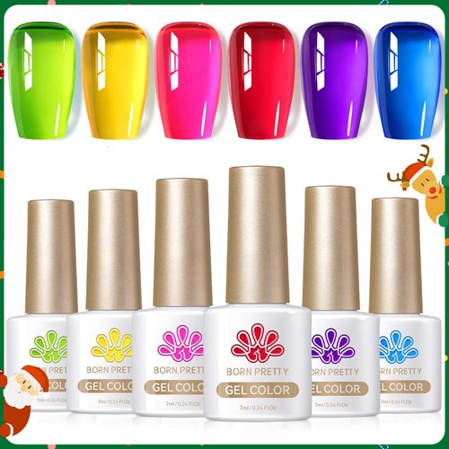 Born Pretty Jelly Gel Nail Polish Christmas Ice Jelly Neon Gel Polish Crystal Transparent Gel Polish Green Yellow Hot Pink Red Blue Purple Nail Art Varnish Manicure 6PCS Neon Garden