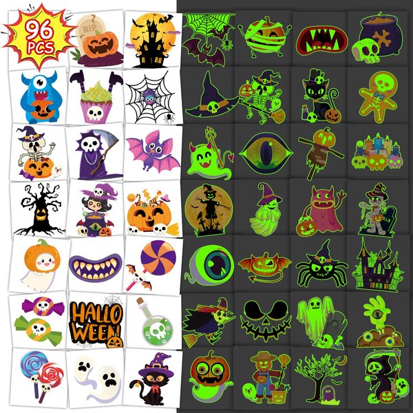 Konsait 96 PCS Halloween Temporary Tattoos for Kids, Pre-cut Glow in the Dark Fake Tattoos Halloween Kids Temporary Tattoos Halloween Party Favors Halloween Decorations Treats non Candy Prizes for Kid