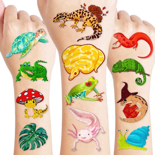 Reptile Temporary Tattoos Swamp Swirls Safari Animals Lizard Snake Alligator Turtle Camping Wilderness Jungle Themed Birthday Stickers for Kids Party Favors, Supplies, Decorations, Gifts, Classroom