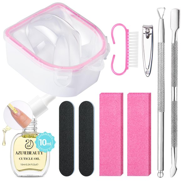 AZUREBEAUTY Nail Soaking Bowl, Soak Off Dip Powder Gel Polish Remover, Manicure Bowl for Hand with 15ml Cuticle Oil Cuticle Remover Tools, Nail Brush, Cuticle Pusher, Cuticle Peeler, Nail File Buffer