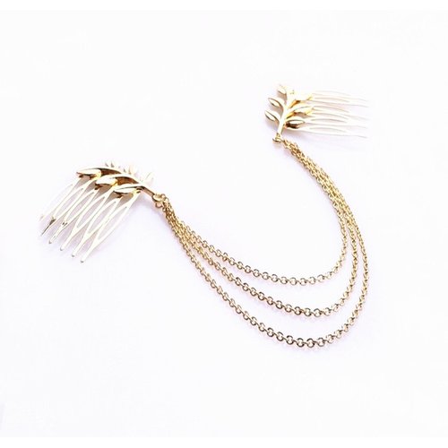 yueton 2pcs Fashion Ladies Athena Olive Branch Tassel Leaf Clips Barrettes Bobby Pin Hair Clips Bride Headwear Edge Clip Clamps Cuff Boho Headbands