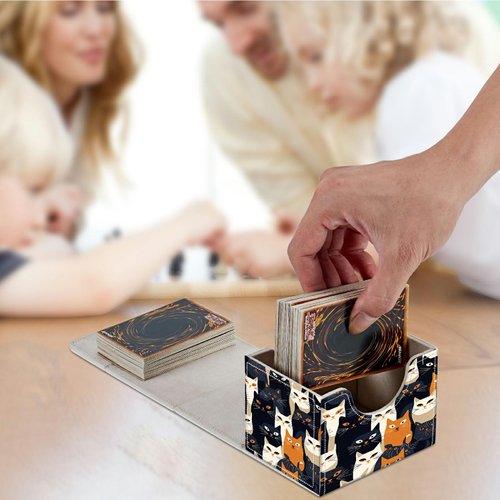 HEAKIERG Cats Card Deck Box Organizer, 100+ Sleeved Cards Deck Case For Trading Cards, Leather Magnetic Closure Commander Deck Box Holds Magnetic Card Storage Box Fits for MTG TCG CCG