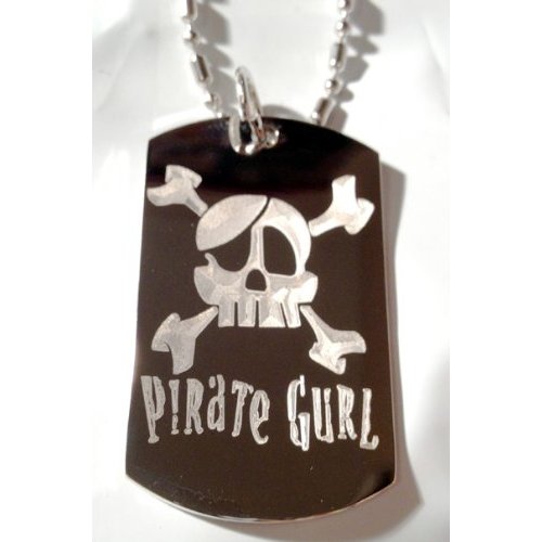 Pirate Gurl Girl Skull Cross Bones Eye Patch Logo Symbols - Military Dog Tag Luggage Tag Key Chain Metal Chain Necklace