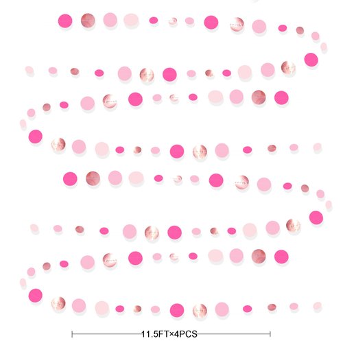Hot Pink Rose Gold Party Decorations Circle Dots Garland Hanging Polka Dot Streamer for Girls Birthday Bachelorette Baby Shower Wedding Bridal Shower Anniversary Hen Party Supplies