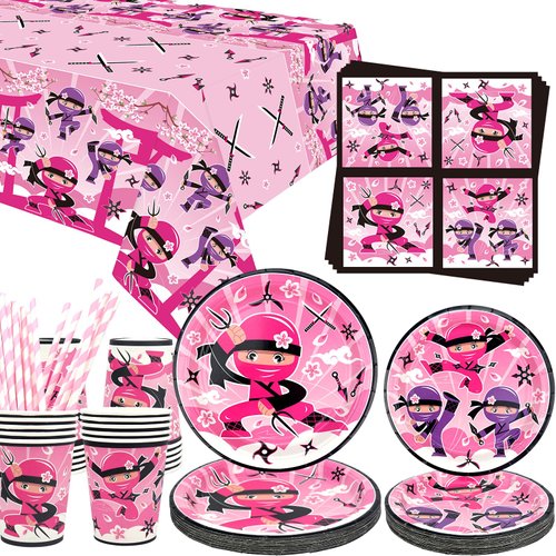 Ninja Girl Party Supplies - Ninja Girl Party Tableware - Dinner Plates Desserts Plates Cups Napkins Tablecover Straws for Ninja Master Girls Princess Baby Shower, Serves 20 (20)