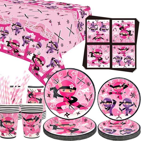 Ninja Girl Party Supplies - Ninja Girl Party Tableware - Dinner Plates Desserts Plates Cups Napkins Tablecover Straws for Ninja Master Girls Princess Baby Shower, Serves 20 (20)