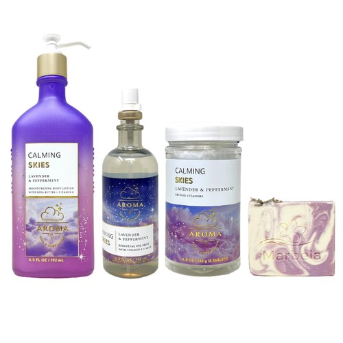 Bath & Body Works Aroma Calming Skies Lavender Peppermint Trio Gift Set Bundle - Body Lotion - Essential Oil Mist and Shower Steamers - with a Lavender Dream Bar Soap - Full Size