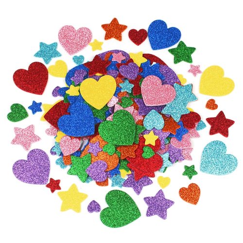 HSONAIGEE 320 Pieces Glitter Foam Heart Stickers Colorful Foam Star Stickers Self Adhesive Sticky Foam Stickers Valentines Day Stickers Crafts for Kids Classroom