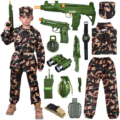 NIPLOOOW Kids Army Costume for Boys, Boys Military Soldier Costume with Army Toys, Halloween Costumes for Boys Kids 3-12, Halloween Costumes Dress Up Role Play Set
