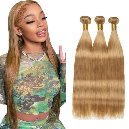 Blonde Bundles Human Hair Color #27 Straight Human Hair Bundles 8 10 12 Inch Unprocessed Brazilian Virgin Hair 8A Grade Blonde Straight Bundles Double Weft Weave Extensions Hair