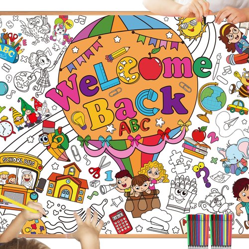 HOWAF Giant Welcome Back to School Banner Coloring Poster with 24 (12 Colors) Paint Pens, First Day of School Jumbo Paper Coloring Banner or Tablecloth for Kindergarten Preschool Classroom Decorations