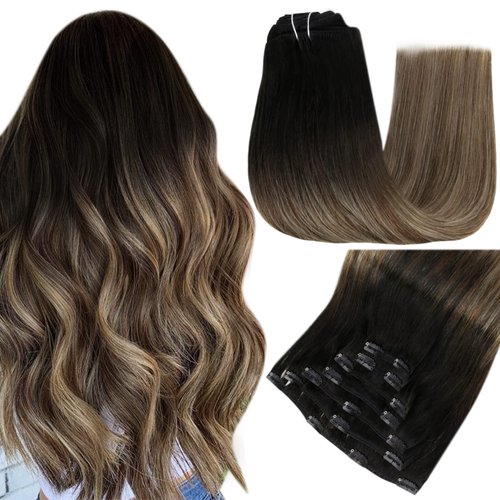 Easyouth 16 Inch Clip in Hair Extensions Real Human Hair Remy Clip in Ombre Black Fading to Brown with Caramel Blonde Hair Extensions Clip in Thick Hair Full Head 120g/7pcs