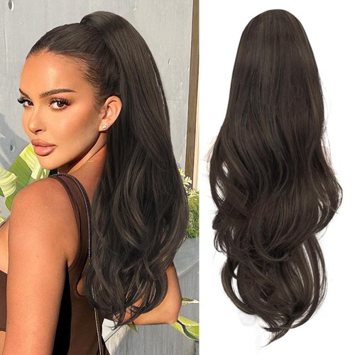 KooKaStyle Ponytail Extensions, 22 inch Dark Brown Long Drawstring Wavy Clip in Ponytail Hair Extensions Layered Synthetic Hairpiece for Women