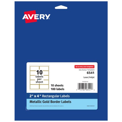 Avery Printable Shipping Labels, 2" x 4" Rectangle Labels, Matte White with Metallic Gold Border, Permanent Adhesive, Laser & Inkjet Compatible, 100 Blank Labels (6541)