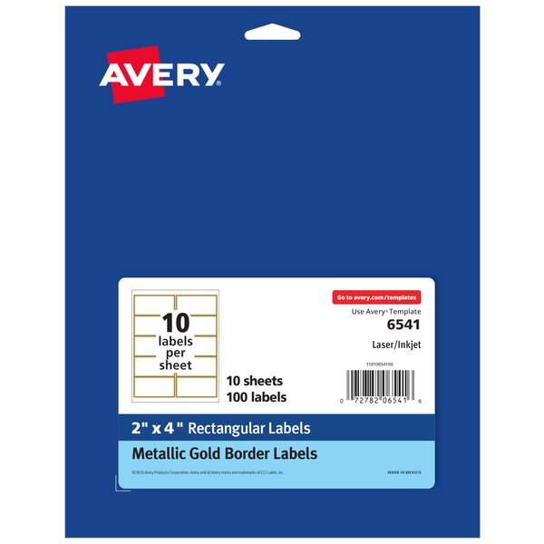 Avery Printable Shipping Labels, 2" x 4" Rectangle Labels, Matte White with Metallic Gold Border, Permanent Adhesive, Laser & Inkjet Compatible, 100 Blank Labels (6541)