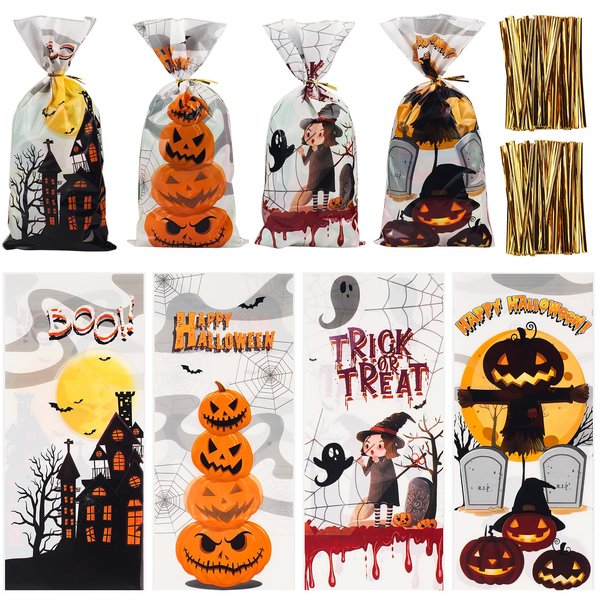 200 PCS Halloween Cellophane Treat Bags Clear Candy Bags with Twist Ties, Halloween Goodie Bags Non Candy Cookie Bags for Kids Halloween Party Favors, Trick or Treat, Hallowen Party Supplies