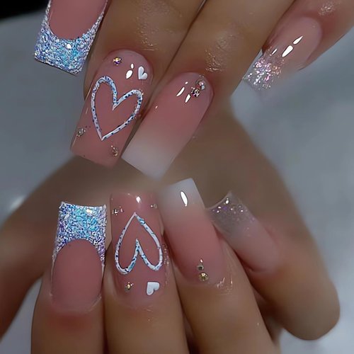 SINSEN Square Press on Nails Medium Length - French Tip Press on Nails Heart Deign, Glossy Pink Fake Nails with Adhesive Glue Stickers, Reusable Stick on Nails in 12 Sizes, 24 Pcs Medium French Nails