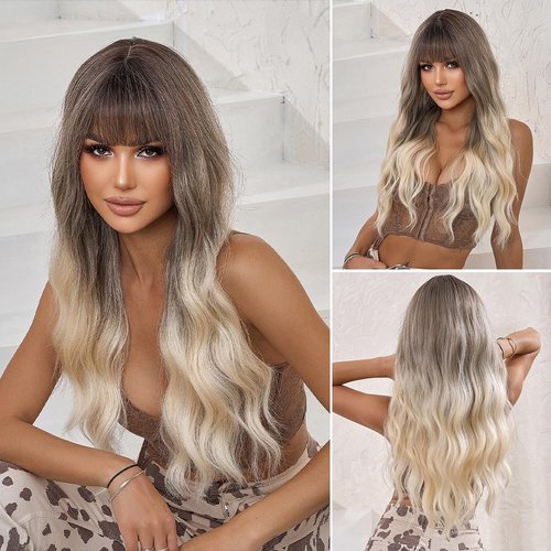 VKheroKV WL-01 Women's Wavy Wig Long Length Synthetic Heat Resistant Nature Curly Wigs Cool Fancy Color For Party Daily Halloween Cosplay (Ombre Light Blonde)