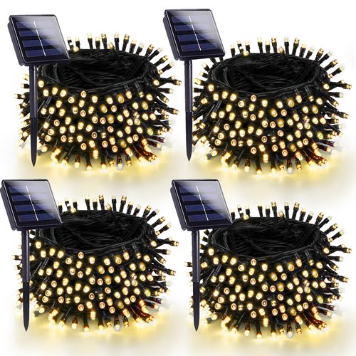 4-Pack 180FT Solar String Lights Outdoor Waterproof, Super Bright 320 LED Solar Outdoor Lights with 8 Lighting Modes, Green Wire Solar Tree Lights for Christmas Party Garden Decorations (Warm White)