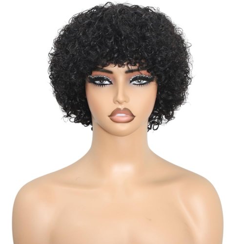 BEOTTI Short Curly Human Hair Wigs with Bangs Pixie Cut Wig Human Hair Afro Curly Wig Human Hair 6 Inch Full Machine Glueless Wigs Human Hair 1B# Black Color