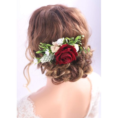 Kercisbeauty Red Floral Hair Clip Burgundy Wedding Hair Comb Headband for Brides Garden Wedding Bridal Bridesmaide Headpiece Flower Girl Hair Dress