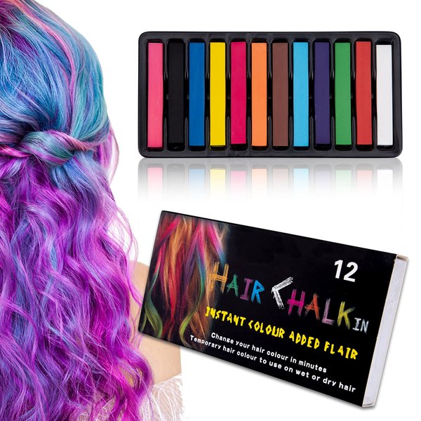 Hair Chalk Stick Set, Halloween Christmas Birthday Cosplay and DIY, Non-toxic Temporary Washable Hair Color Chalk Girls Boys Teen Kids Gift, 12 Colors