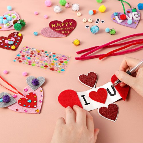 Valentines Day Crafts for Kids - 361PCS DIY Valentines Heart Craft Set for School Gift, 108 Hearts, 50 Googly Eyes, 60 Pom Poms, 36 Wooden Beads, Craft Supplies for Valentines Party Favor Decoration