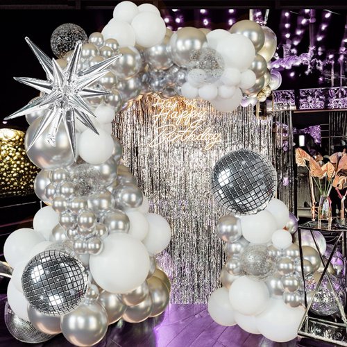 ECEAE Disco Party Balloon Garland Arch Kit 134 Pcs Metallic Silver Matte White Confetti Balloons Disco Balls Ideal for Adult Birthday Dancing Theme Decor Graduation Party Celebrity-Inspired Events