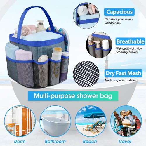 Attmu Mesh Shower Caddy Portable for College Dorm Room Essentials with 8 Pockets, Hanging Shower Caddy Dorm Basket, Quick Dry Shower Bag for Bathroom