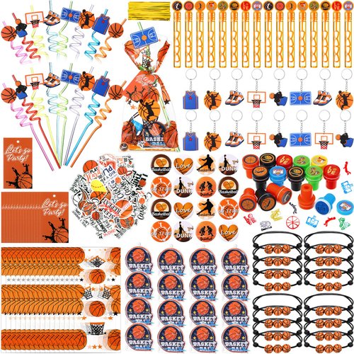 Saypacck 229 Pcs Party Favors with Ball Bracelets Mini Pinball Mini Bubble Wands Straws Keychains Badges Stickers Stamps Gift Bags Party Tags for Birthday Themed Party Sport Supplies(Basketball)