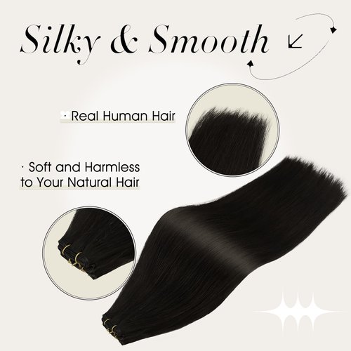 Full Shine Hand Tied Weft Hair Extensions Human Hair Sew In Hair Extensions Genius Weft Extensions Remy Hair Straight Human Hair Bundles Real Hair Extensions For Women Jet Black Color 1 60G 20 Inch