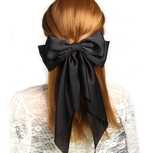 Satin Giant Hair Bow French Barrette Hair Clip Women Hair Accessory (Black)