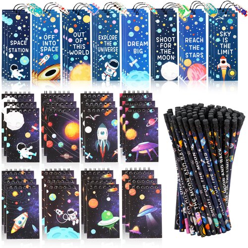 Kolewo4ever 148 Pieces Outer Space Theme Stationery Set:100 Pcs Space Pencils Astronaut Pencils 24 Pcs Planet Rocket Mini Spiral Notepad Memo Pad 24 Pcs Space Ship Metal Charms Bookmarks