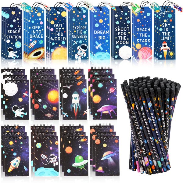 Kolewo4ever 148 Pieces Outer Space Theme Stationery Set:100 Pcs Space Pencils Astronaut Pencils 24 Pcs Planet Rocket Mini Spiral Notepad Memo Pad 24 Pcs Space Ship Metal Charms Bookmarks