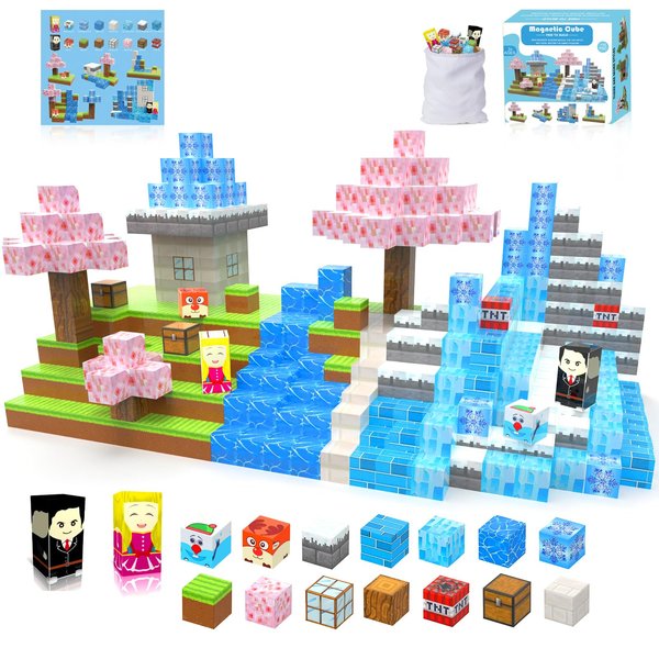 Dollox Magnetic Building Blocks Toys, 110pcs Magnetic Tiles Stacking Build Snow Mountain Glacier Castle Adventure Cubes Montessori Learning Toy Miniature Construction Block Gifts for Kids 3 4 5