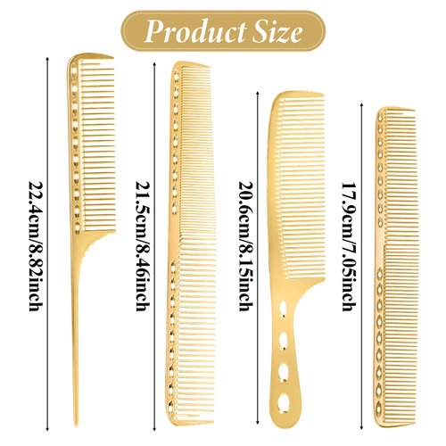 Professional Barber Aluminum Comb Set Metal Combs for Cutting Comb Hair Hairdressing Tail Comb (Golden)