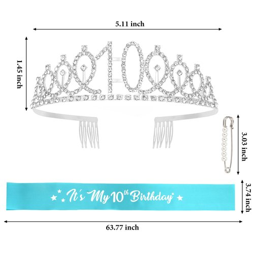 CAVETEE Happy 10th Birthday Sash and Crown 10th Birthday Decorations for Girls Blue IT's My Birthday Sash for 10th Birthday Gifts