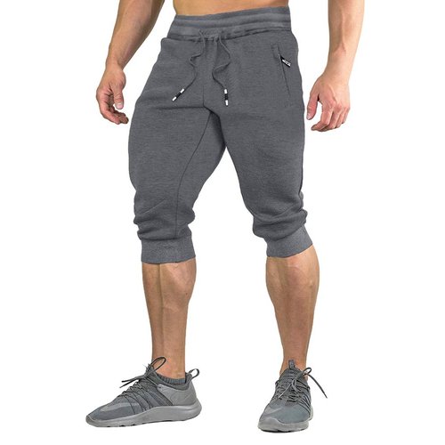 FASKUNOIE Mens Cotton Casual Shorts Gym 3/4 Jogger Capri Pants Long Short Gray