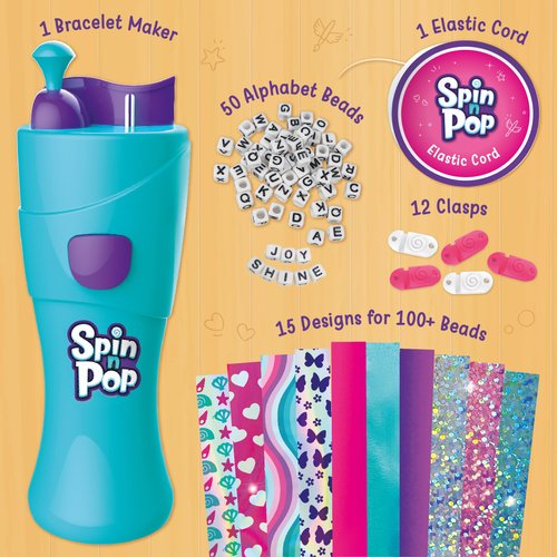 Imagimake Spin n Pop DIY Bracelet Making Kit | Patented Electric Bracelet Maker | Ages 8-13 | Create 10 Unique Bracelets with Shiny Foil Beads, Alphabet Beads & Clasps for Teen Girls