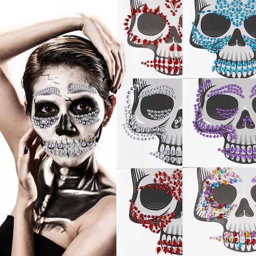 Generic 6 Sheets Day of The Dead Face Gems Jewels Tattoo Halloween Face Jewels Temporary Tattoos Gems Rhinestone for Halloween Cosplay Party Supplies Day of the Dead Face Stickers Decoration, Medium