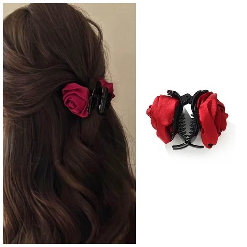 Vacaonio French Rose Flower Hair Claws Clip Medium Ribbon Flower Hair Clip Clamp Red Rose Hair Claw Jaw Burgundy Flower Hair Claw Clip Headwear Decorative Hair Accessories for Women Headdress