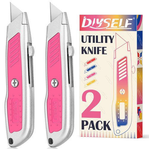DIYSELF 2 Pack Box Cutter, Aluminum Utility Knife, Box Cutters Retractable, Sturdy Razor Knife for Cardboard, Boxes, Packages, Papers, Cartons, Box Cutter Knife, Navajas de Trabajo, Pink Knife