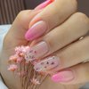 ROFIBUT Flower Press on Nails Medium Almond Fake Nails Glossy Gradient Pink Glue on Nails Small Floral False Nails Pink French Full Cover Stick on Nails for Women Girls Manicure Decoration 24Pcs