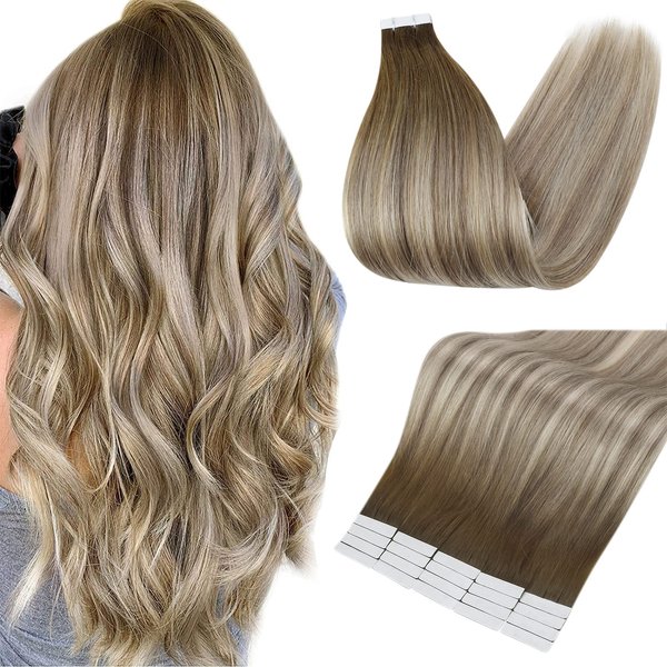 Fshine Tape in Hair Extension 18 Inch Blonde Human Hair Seamless PU Tape in Hair Ombre Color 3 Dark Brown Fading to 6 and 22 Remy Human Hair Adhesive Tape in Extensions 20 Pcs 50 Gram Real Hair