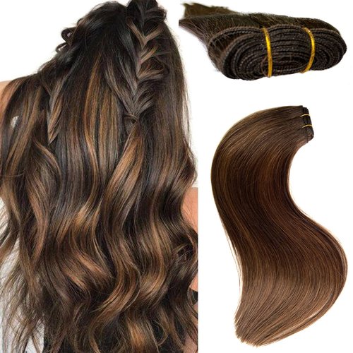 Sew in Hair Extensions Real Human Hair, Weft Hair Extensions Human Hair Bundles 16 Inch 100G Dark Brown Balayage Light Brown Sew in Hair Extensions Hand Tied Weft Hair Extensions Human Hair for Women