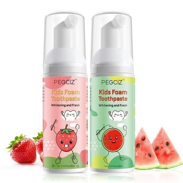 Foam Toothpaste Kids,Toddler Whitening Toothpaste with Low Fluoride & Natural Formula to Reduce Plaque,Kids Foaming Toothpaste for U Shaped Toothbrush for Children (Strawberry&Watermelon)