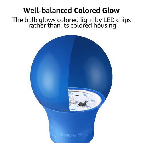 TORCHSTAR LED A19 Blue Light Bulbs, E26 Base Light Bulb, 8W 120V Colored Light Bulbs for Indoor Outdoor Light Fixtures, Halloween Decor, Floor Lamp, Living Room, Party Decoration, Pack of 6