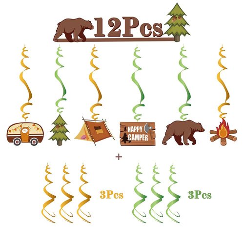 JIVELER Happy Camper Birthday Party Decorations, 12pcs Camping Theme Hanging Swirls Decoration with 2pcs Happy Camper Banner Garland Camping Decor Adventure Streamers Party Supplies for Kids Adults