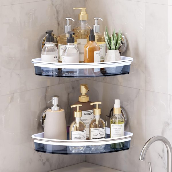 LEVERLOC Corner Shower Caddy Suction Cup 2 Pack, No-Drilling & Removable Shower Caddy Basket, Chromed Stainless Steel Shelves for Inside Shower & Bathroom Organizer, Rustproof Rack for Storage