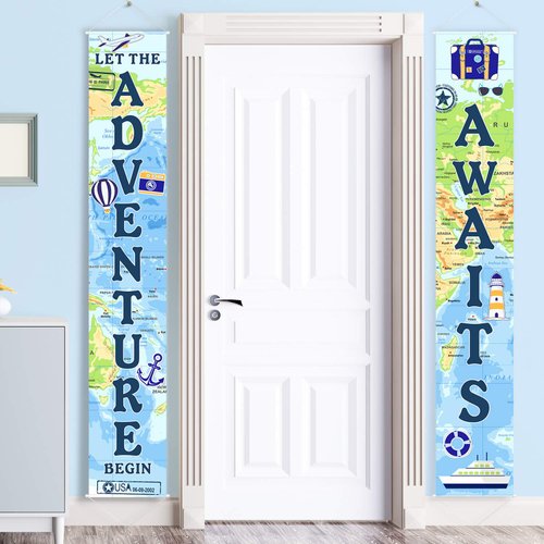 Adventure Awaits Bon Voyage Banner Garland Party Decoration Set Travel Themed Porch Sign Adventure for Indoor/Outdoor Retirement Moving Relocation Travel Wedding Bachelorette Party Decorations (Blue)